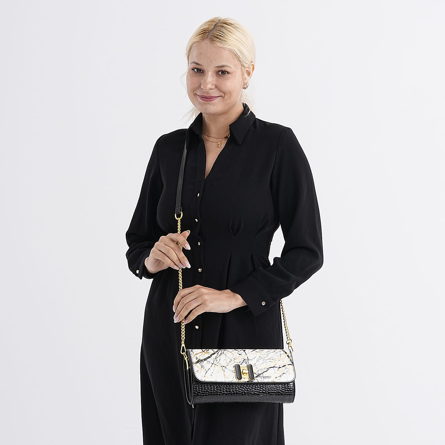 Two-Tone Wallet Crossbody Bag with Chain Strap - White, Black & Gold