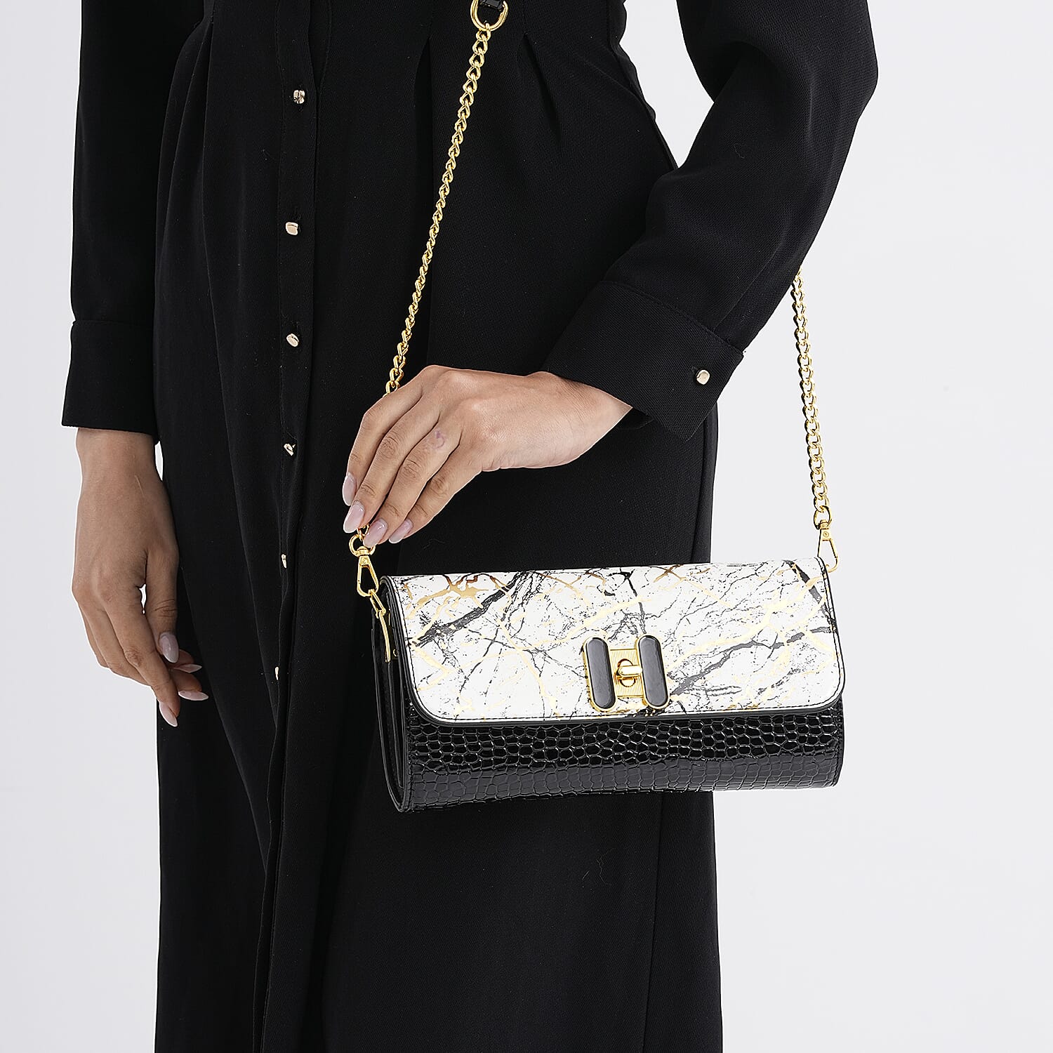Two-Tone Wallet Crossbody Bag with Chain Strap - White, Black & Gold