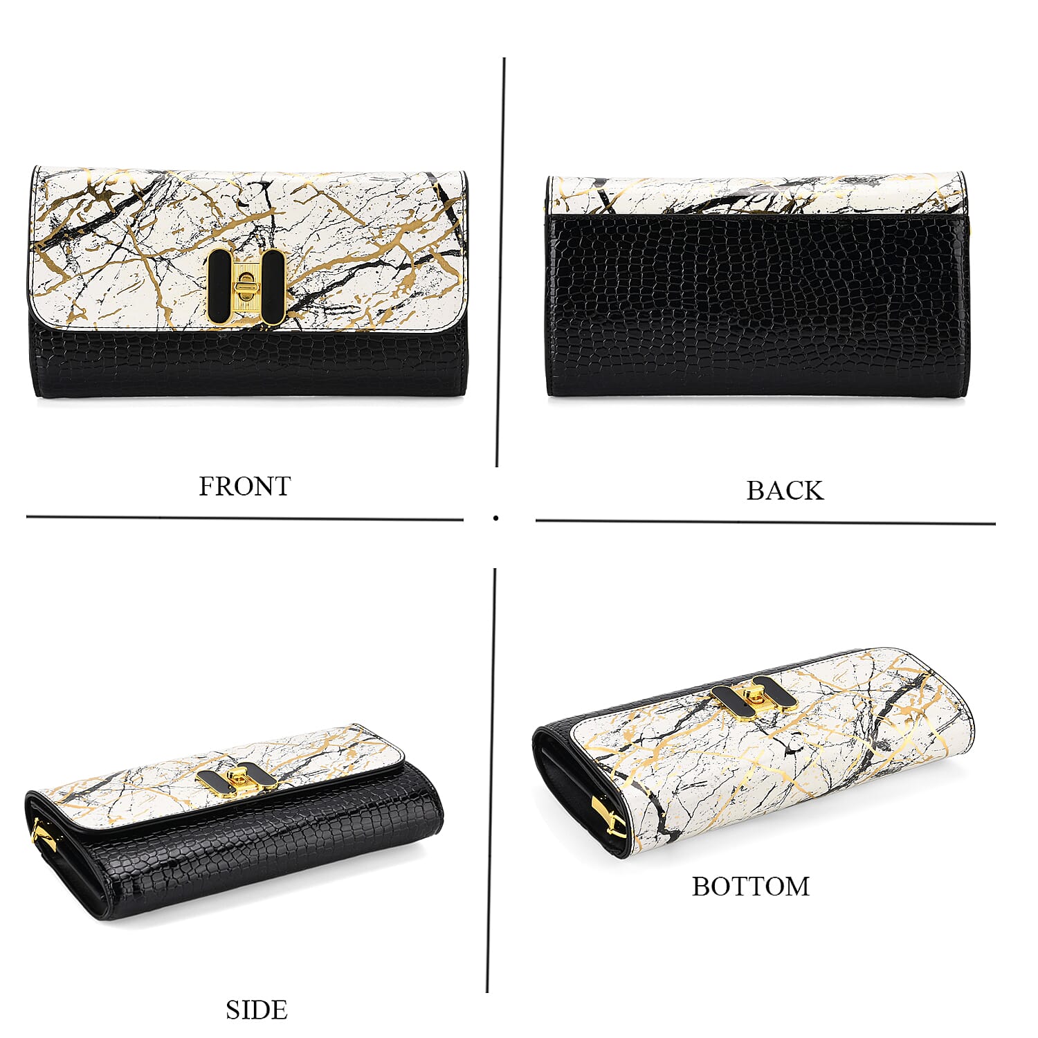 Two-Tone Wallet Crossbody Bag with Chain Strap - White, Black & Gold