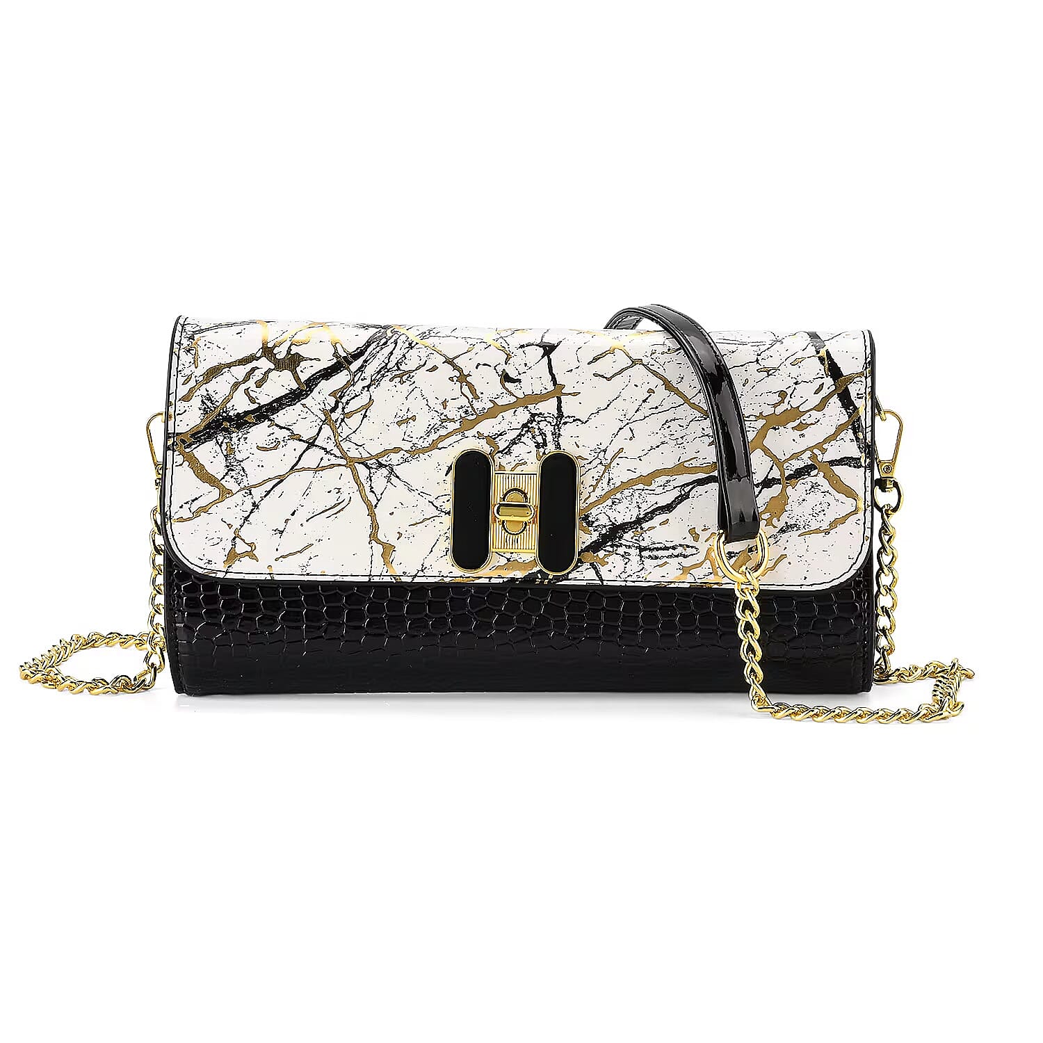 Two-Tone Wallet Crossbody Bag with Chain Strap - White, Black & Gold