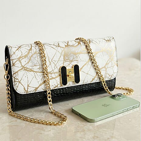 Two-Tone Wallet Crossbody Bag with Chain Strap - White, Black & Gold