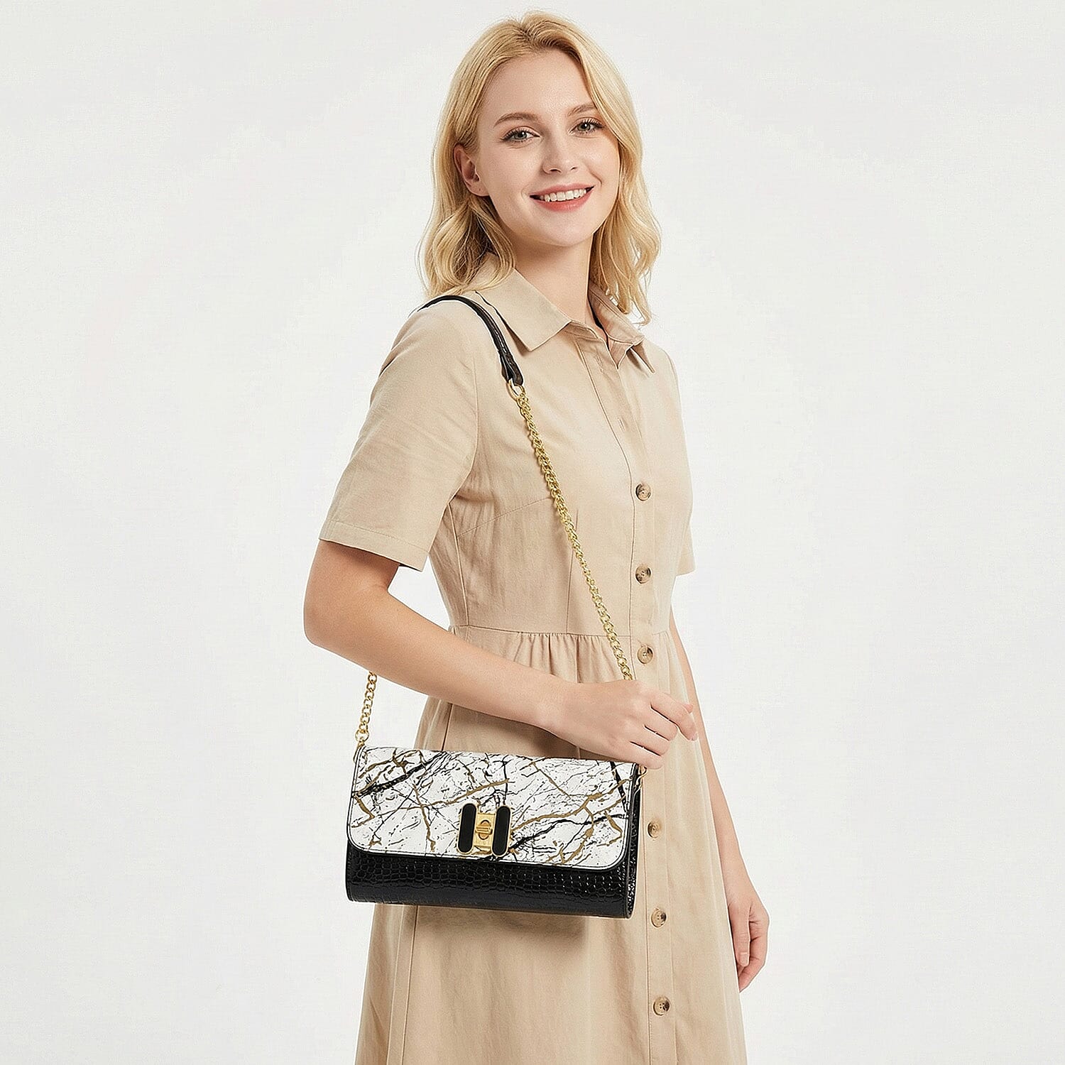 Two-Tone Wallet Crossbody Bag with Chain Strap - White, Black & Gold