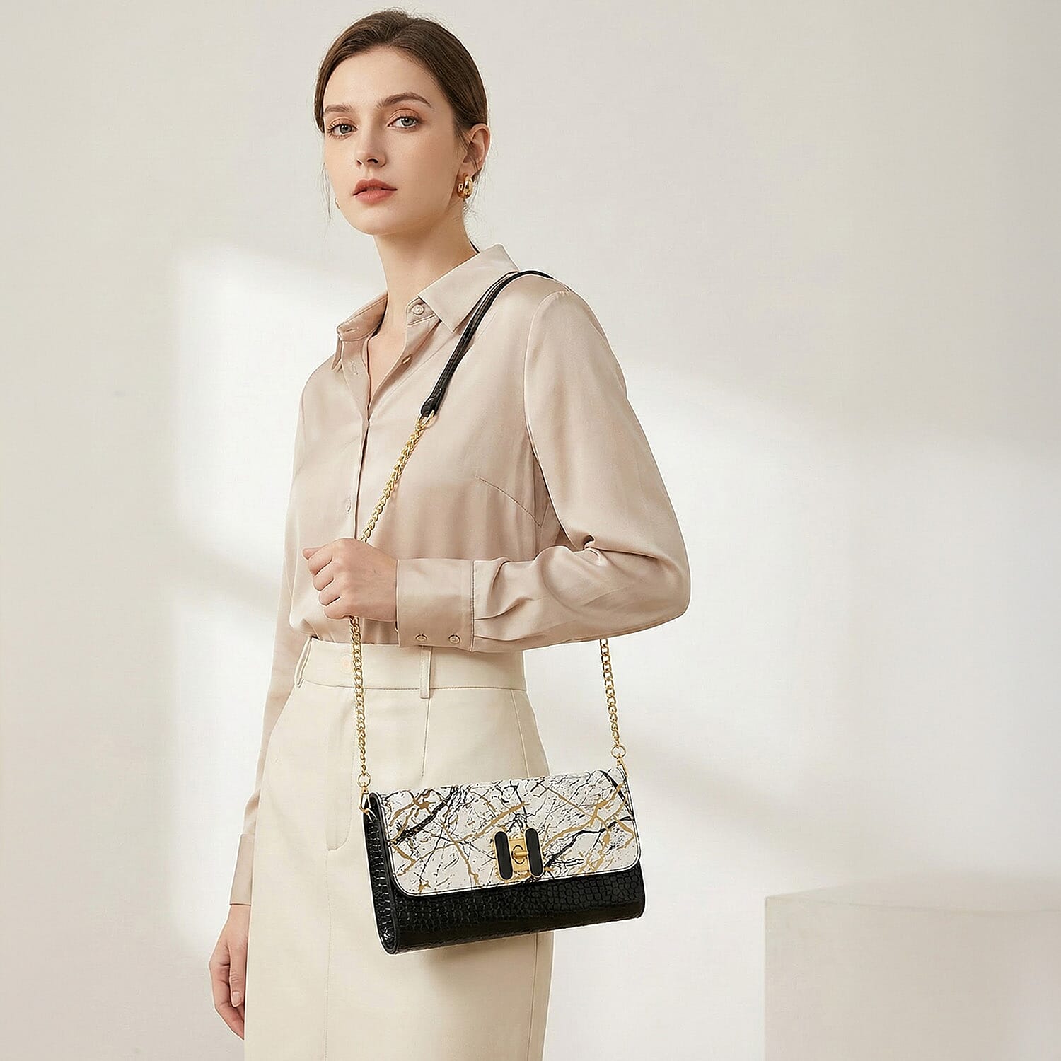 Two-Tone Wallet Crossbody Bag with Chain Strap - White, Black & Gold