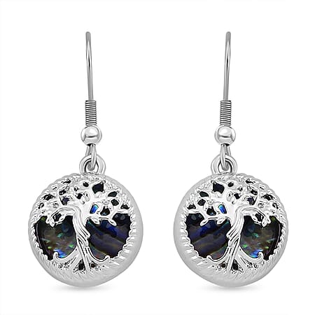 Abalone Shell Tree of Life Earrings with Hook in Silver Tone