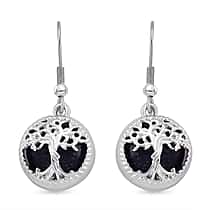 Blue Sandstone Tree of Life Earrings with Hook in Silver Tone