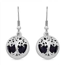 Blue Sandstone Tree of Life Earrings with Hook in Silver Tone