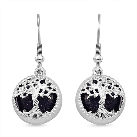 Blue Sandstone Tree of Life Earrings with Hook in Silver Tone Blue Sandstone Tree of Life Earrings with Hook in Silver Tone