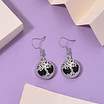 Blue Sandstone Tree of Life Earrings with Hook in Silver Tone