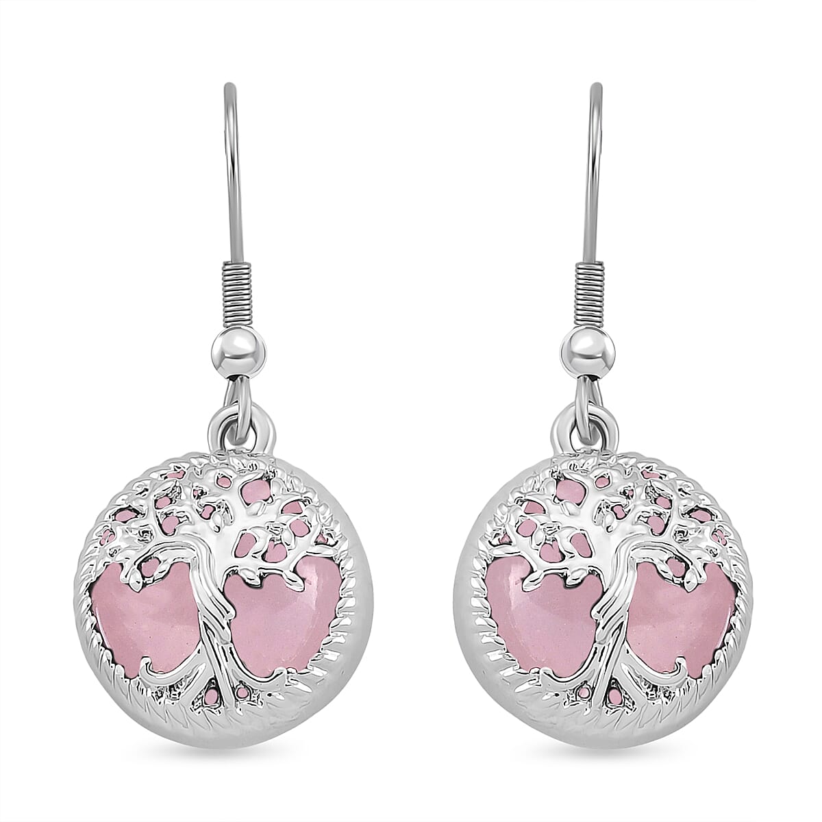 Rose Quartz Tree of Life Earring with Hook in Silver Tone 1.00 Ct.