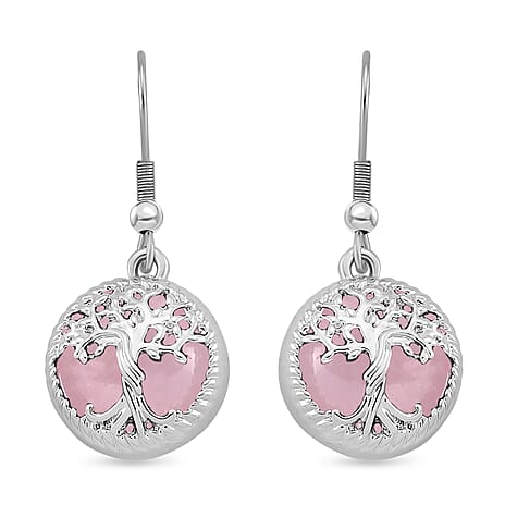 Rose Quartz Tree of Life Earring with Hook in Silver Tone 1.00 Ct.