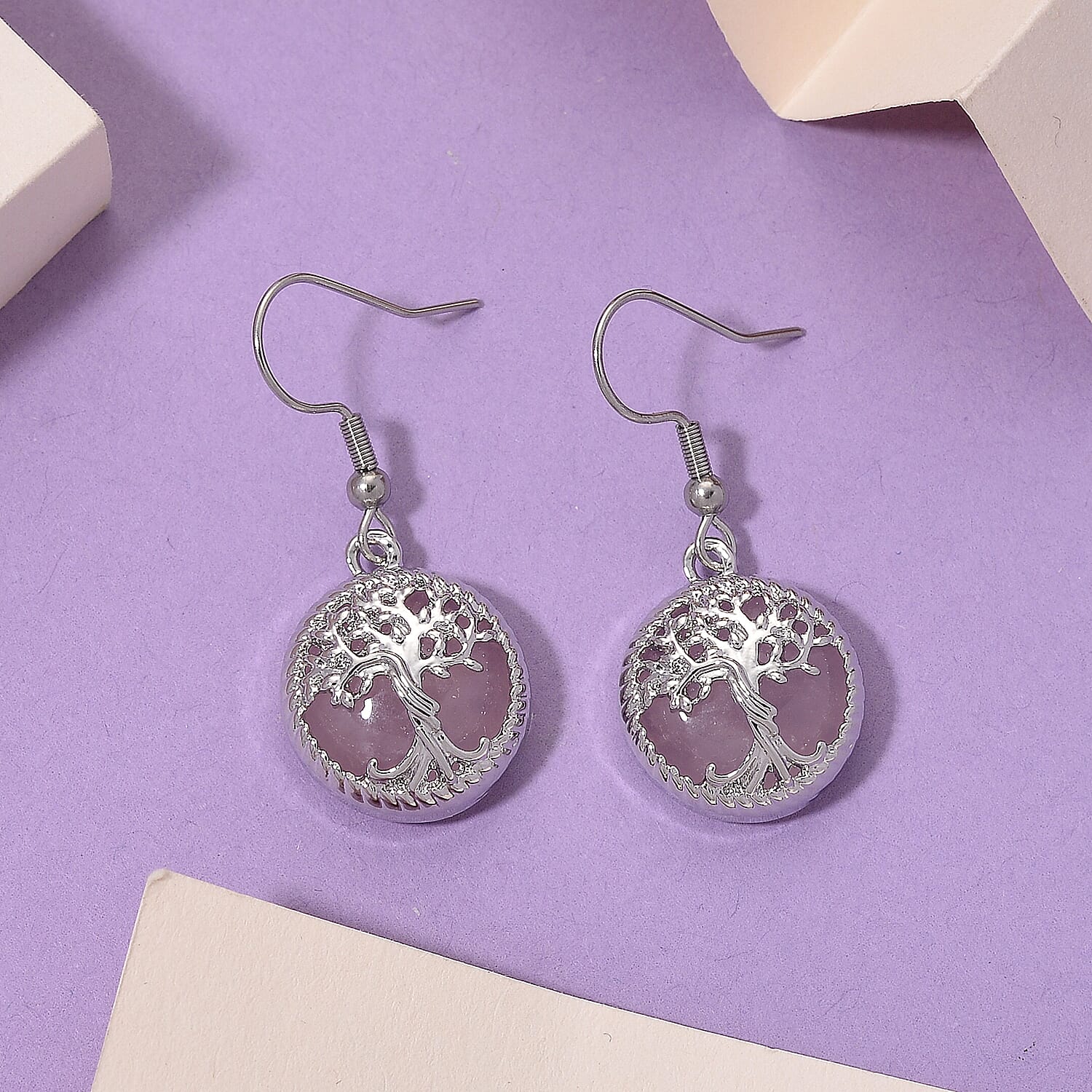Rose Quartz Tree of Life Earring with Hook in Silver Tone 1.00 Ct.