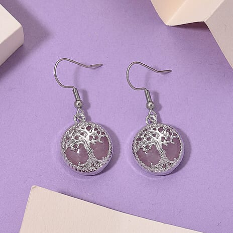 Rose Quartz Tree of Life Earring with Hook in Silver Tone 1.00 Ct.
