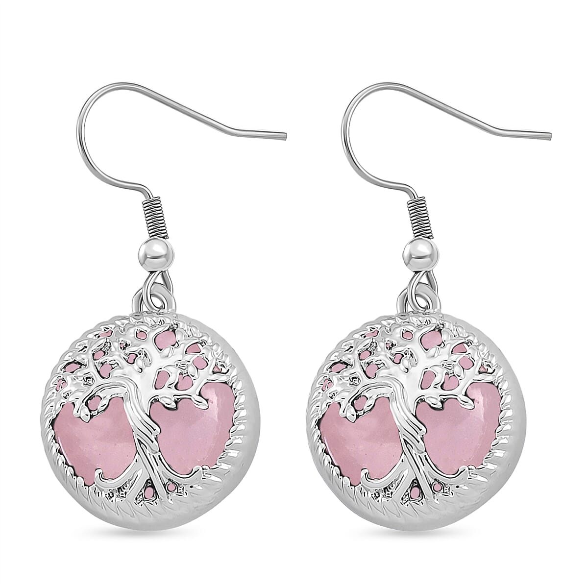 Rose Quartz Tree of Life Earring with Hook in Silver Tone 1.00 Ct.