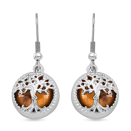 Yellow Tigers Eye Tree of Life Earrings with Hook in Silver Tone Yellow Tigers Eye Tree of Life Earrings with Hook in Silver Tone