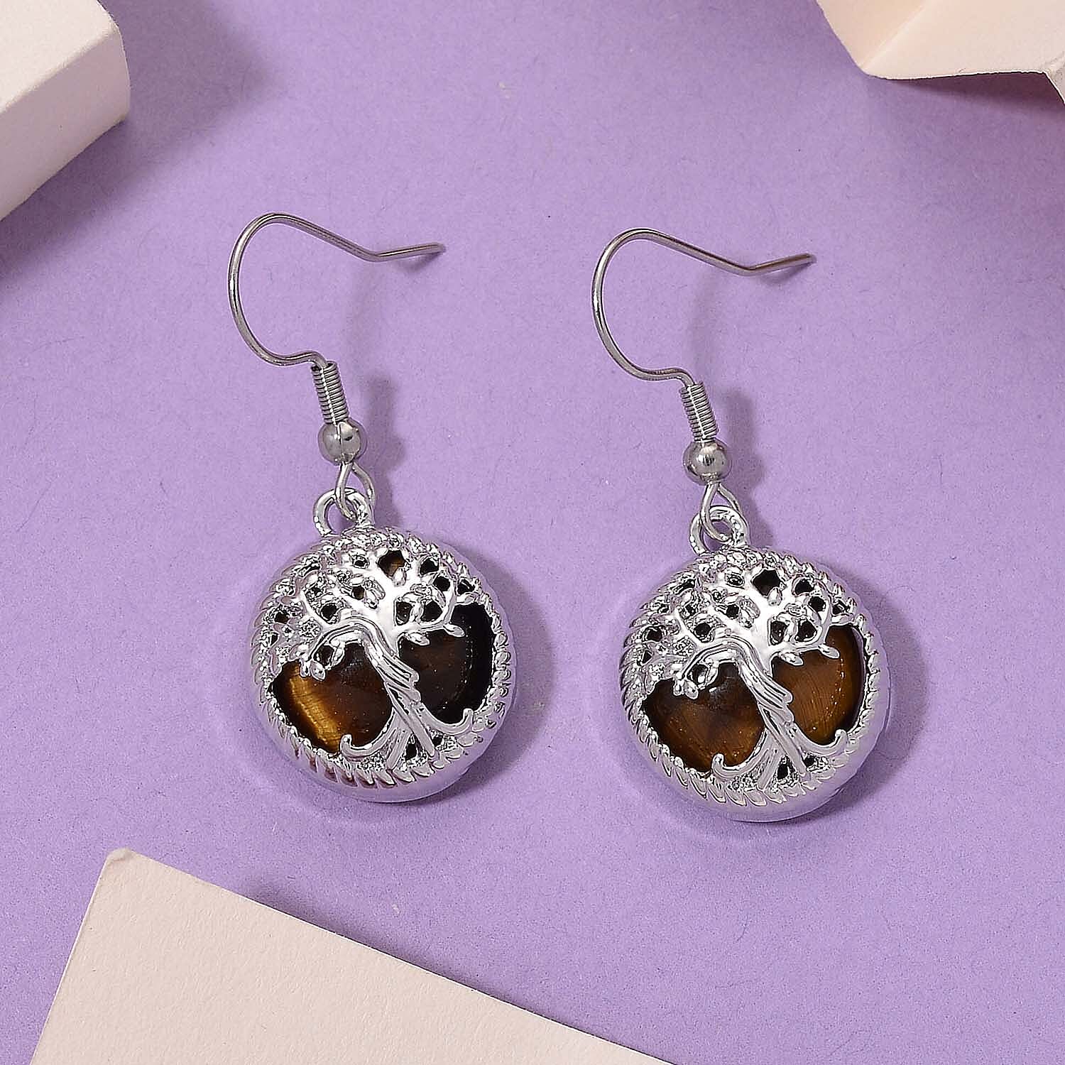 Yellow Tigers Eye Tree of Life Earrings with Hook
