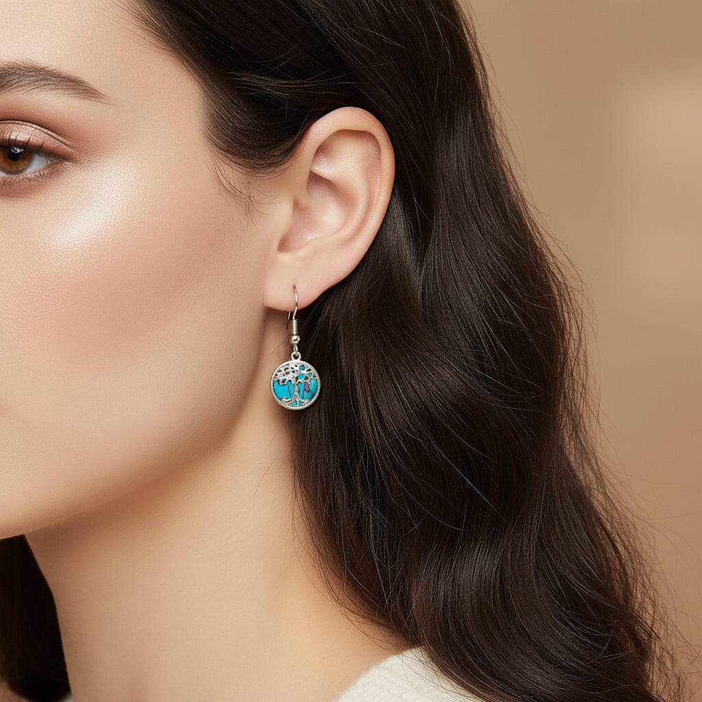 Blue Howlite Tree of Life Earring with Hook in Silver Tone 1.00 Ct.