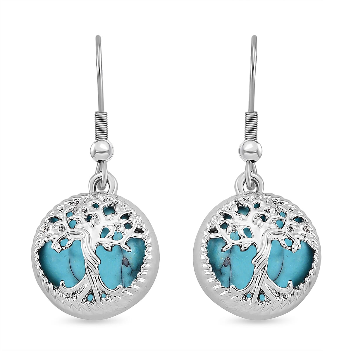 Blue Howlite Tree of Life Earring with Hook in Silver Tone 1.00 Ct.