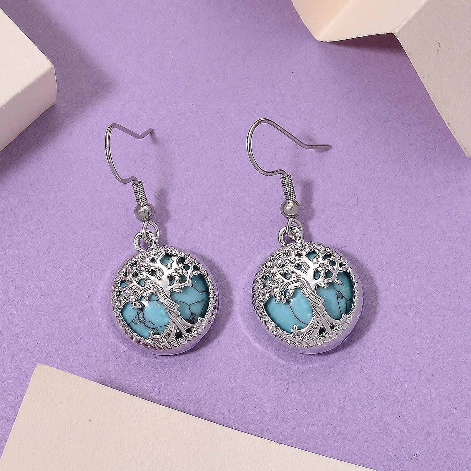 Blue Howlite Tree of Life Earring with Hook in Silver Tone 1.00 Ct.