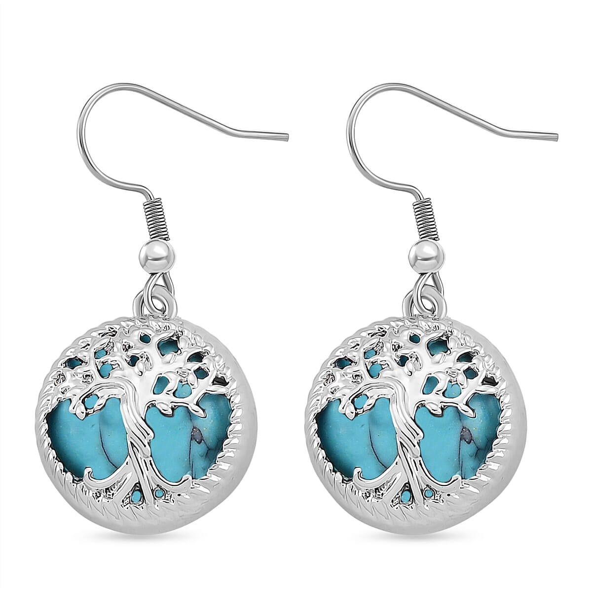 Blue Howlite Tree of Life Earring with Hook in Silver Tone 1.00 Ct.