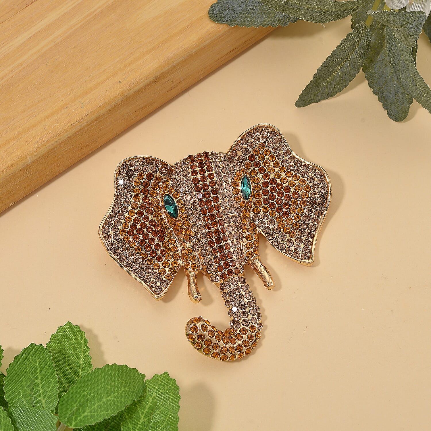 Austrian Multi Color Crystal Elephant Head Brooch in Gold Plated