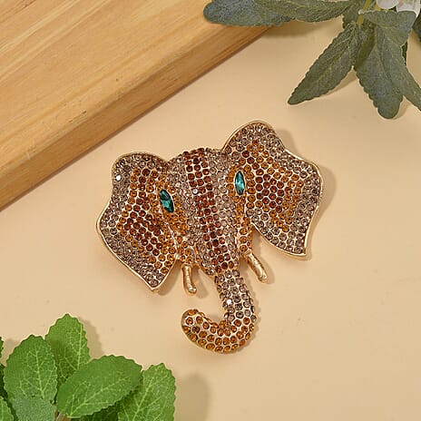 Austrian Multi Color Crystal Elephant Head Brooch in Gold Plated