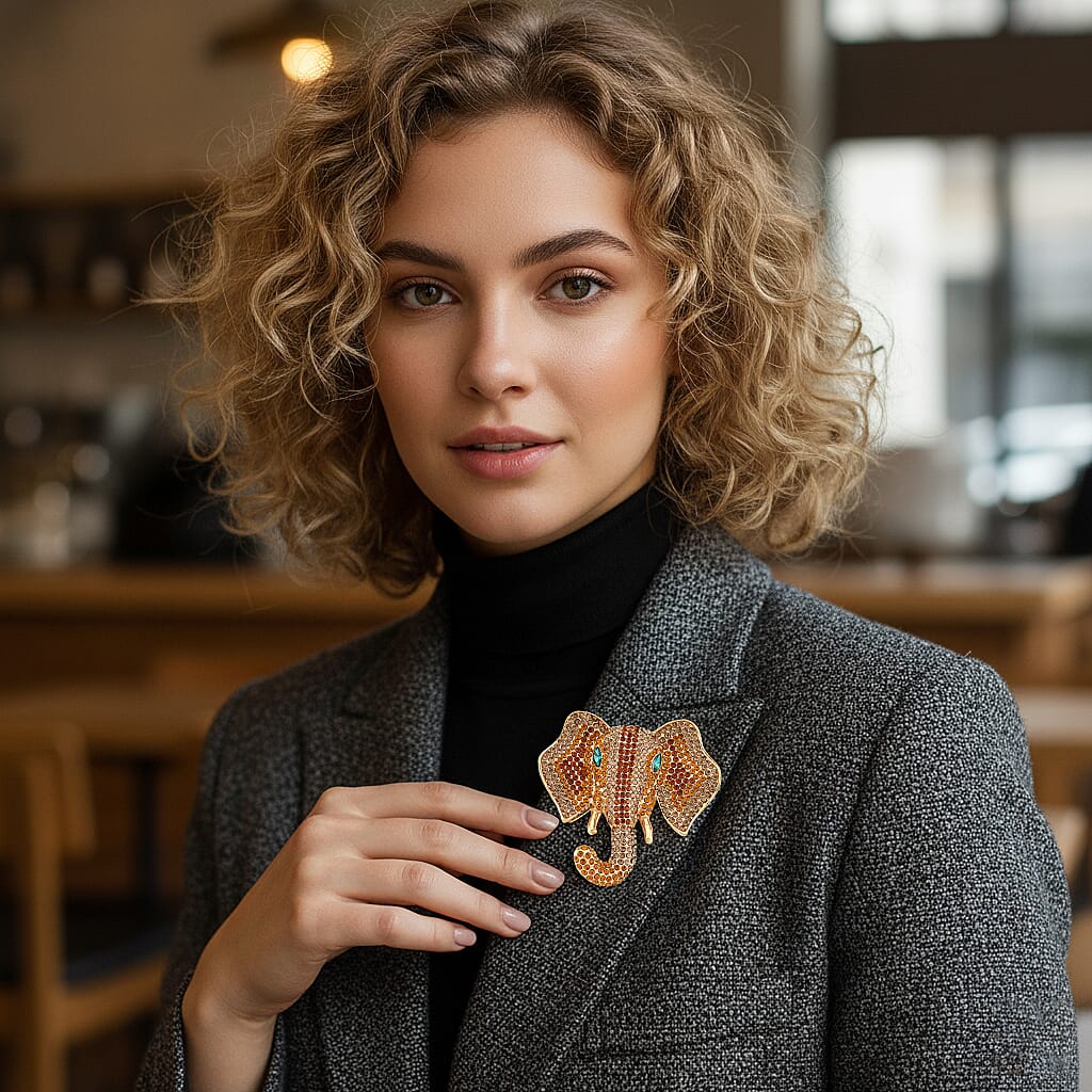 Austrian Multi Color Crystal Elephant Head Brooch in Gold Plated