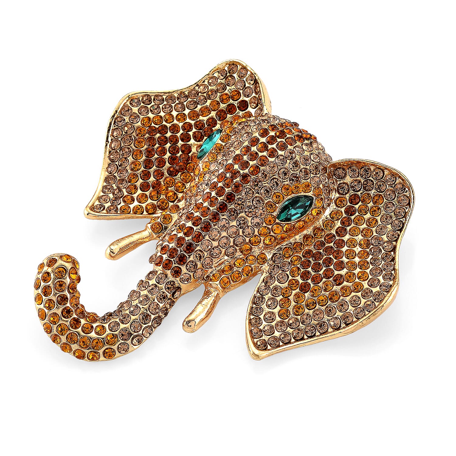 Austrian Multi Color Crystal Elephant Head Brooch in Gold Plated