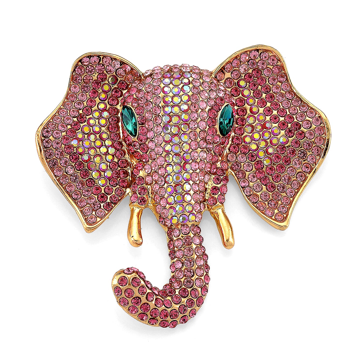Austrian Multi Color Crystal Elephant Head Brooch in Gold Plated