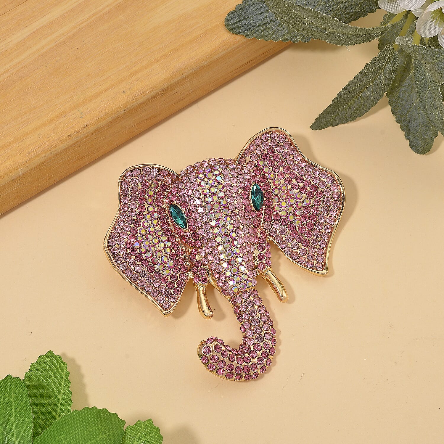 Austrian Multi Color Crystal Elephant Head Brooch in Gold Plated