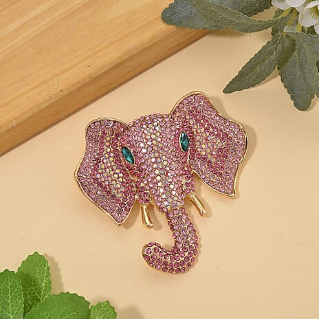 Austrian Multi Color Crystal Elephant Head Brooch in Gold Plated