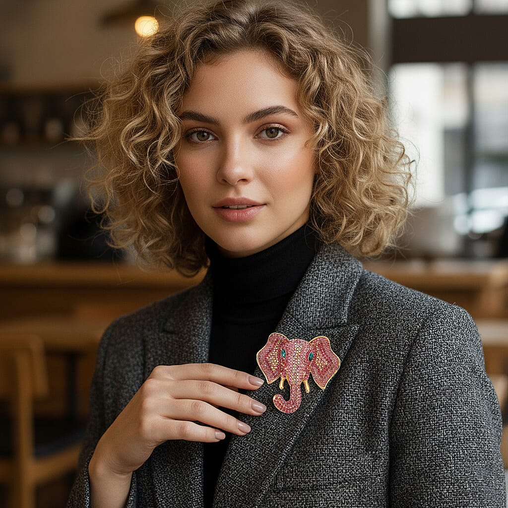 Austrian Multi Color Crystal Elephant Head Brooch in Gold Plated