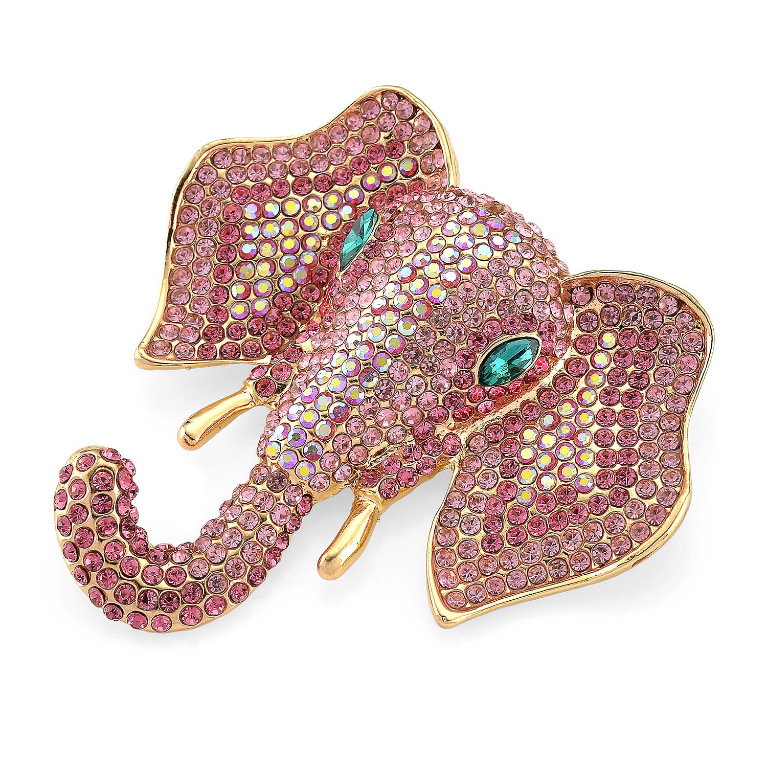 Austrian Multi Color Crystal Elephant Head Brooch in Gold Plated
