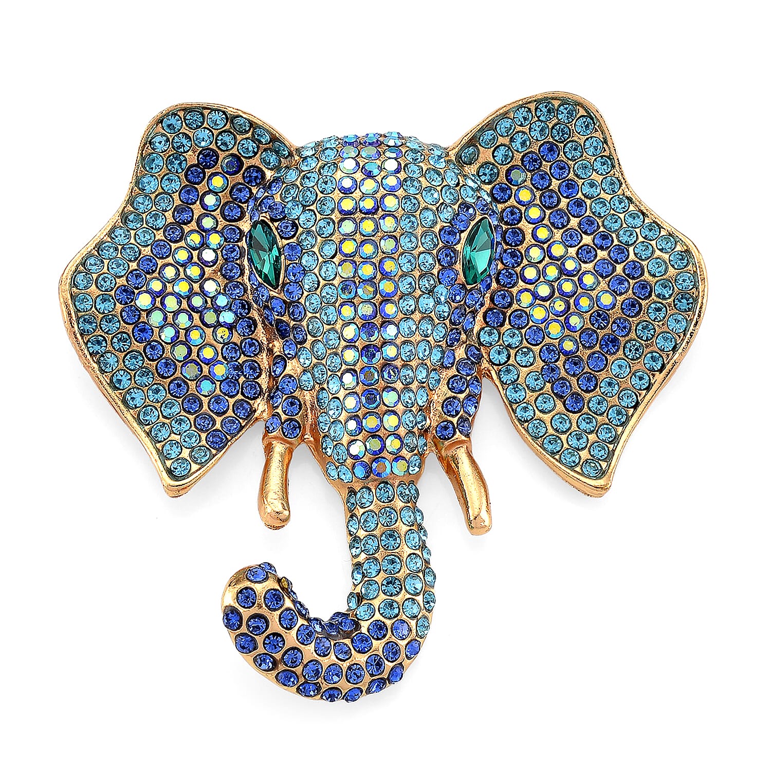 Austrian Multi Color Crystal Elephant Head Brooch in Gold Plated