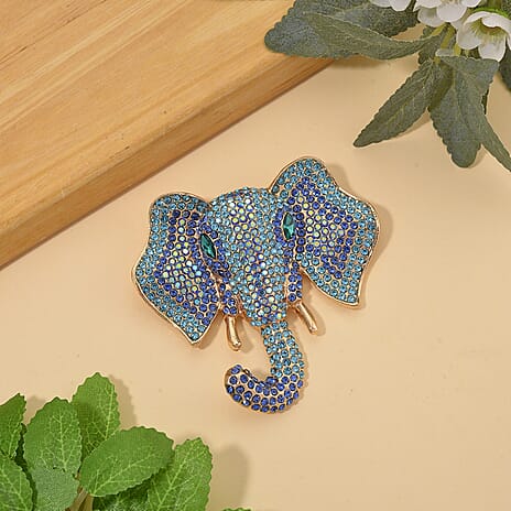 Austrian Multi Color Crystal Elephant Head Brooch in Gold Plated