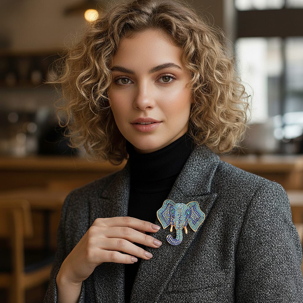 Austrian Multi Color Crystal Elephant Head Brooch in Gold Plated