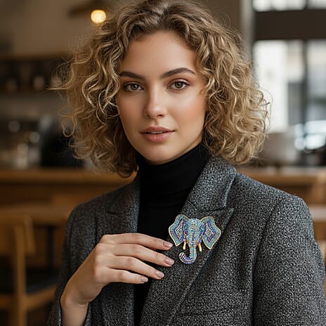 Austrian Multi Color Crystal Elephant Head Brooch in Gold Plated