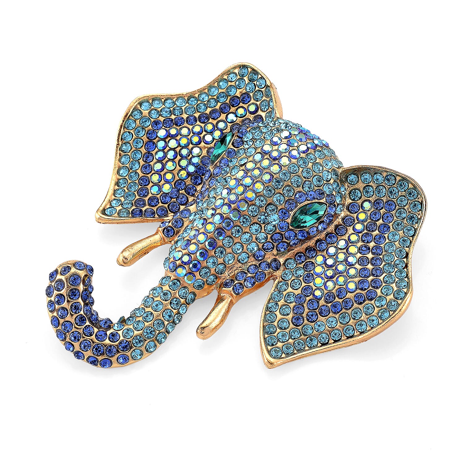 Austrian Multi Color Crystal Elephant Head Brooch in Gold Plated