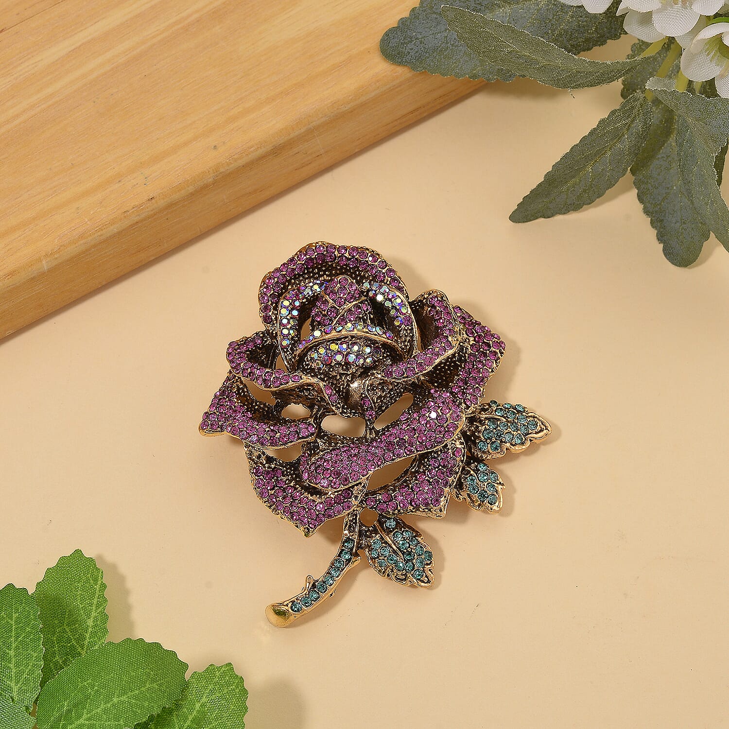 Austrian Multi Colour Crystal Rose Brooch Cum Pendant in Gold Tone