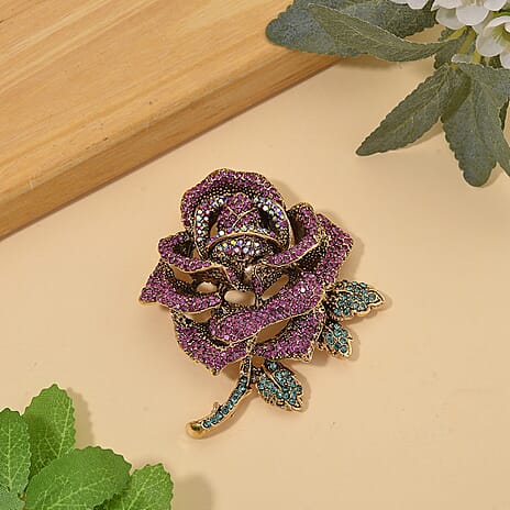 Austrian Multi Colour Crystal Rose Brooch Cum Pendant in Gold Tone
