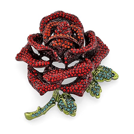 Austrian Red Crystal & Austrian Green Crystal Rose Brooch