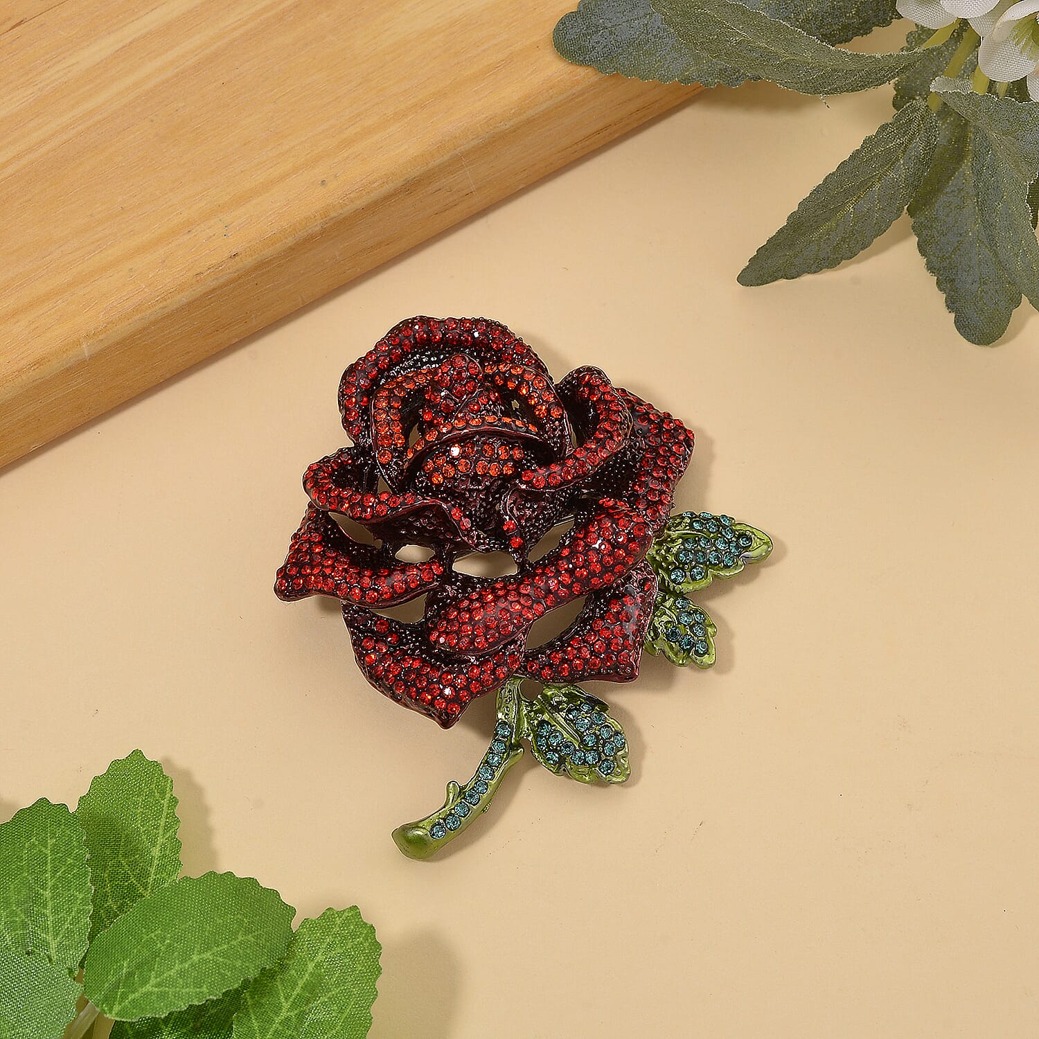 Austrian Red Crystal & Austrian Green Crystal Rose Brooch