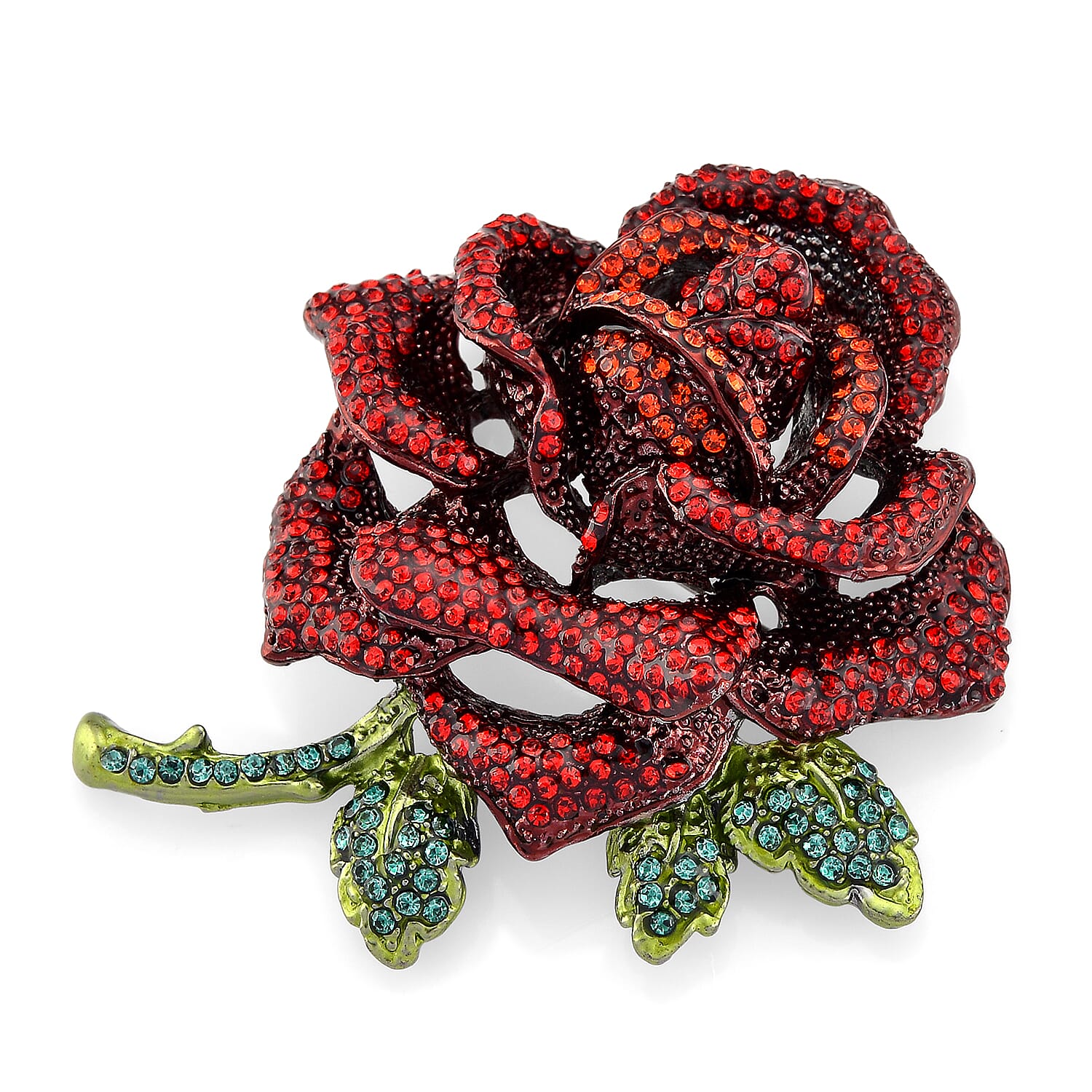 Austrian Red Crystal & Austrian Green Crystal Rose Brooch