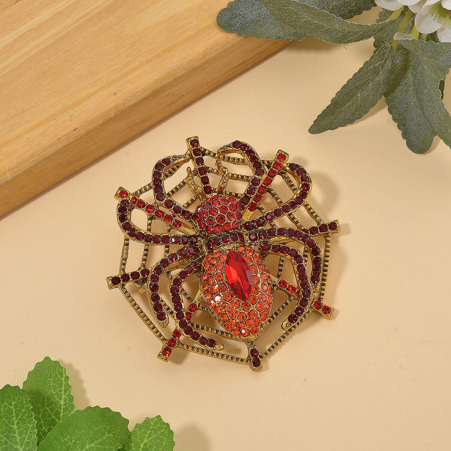 Austrian Red Crystal & Austrian Orange Crystal Spider Brooch Cum Pendant