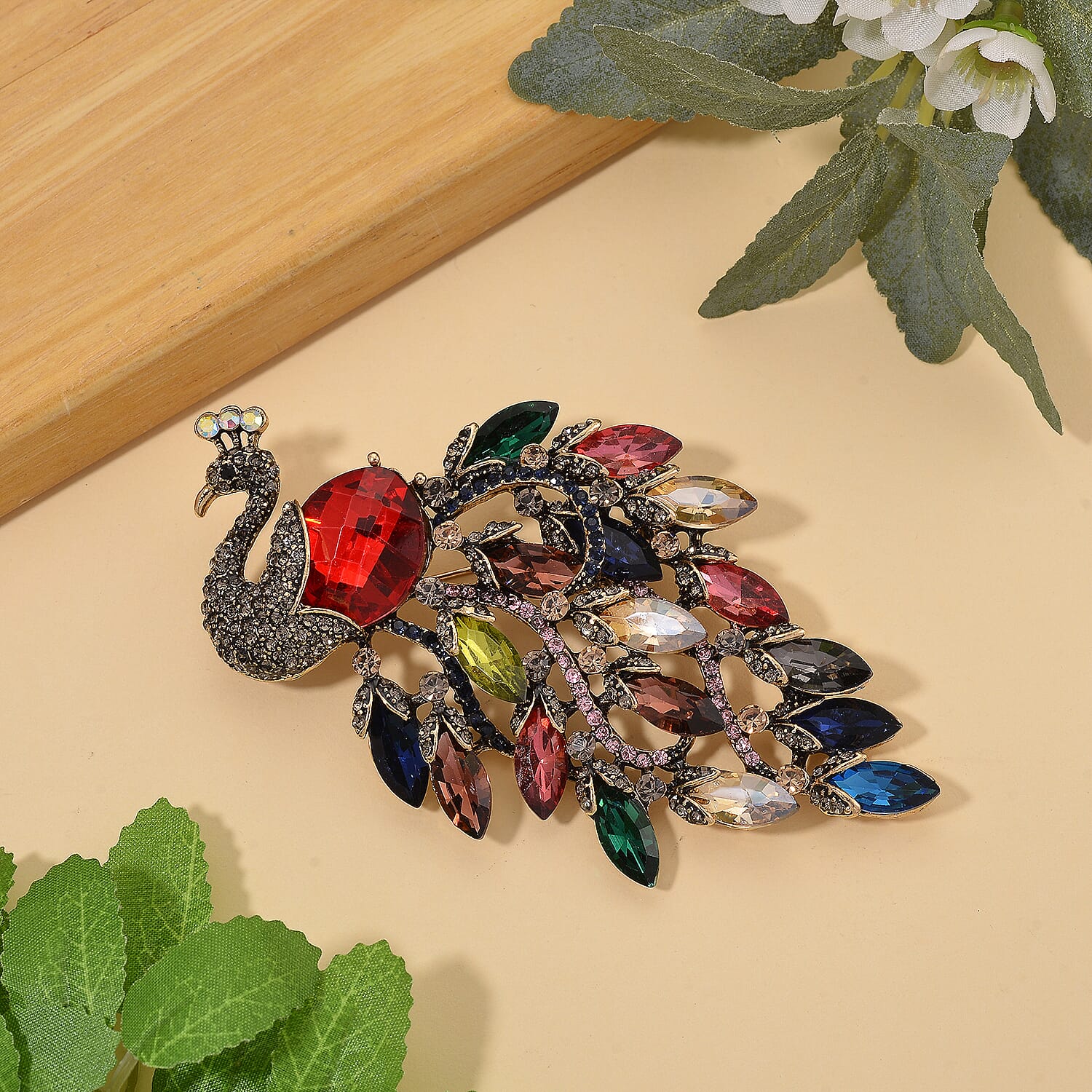Austrian Multi Color Crystal Peacock Brooch