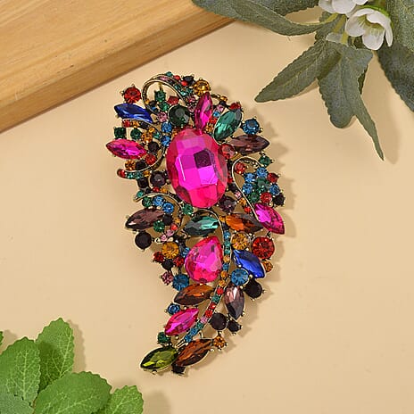 Austrian Multi Colour Crystal Brooch Cum Pendant in Gold Tone