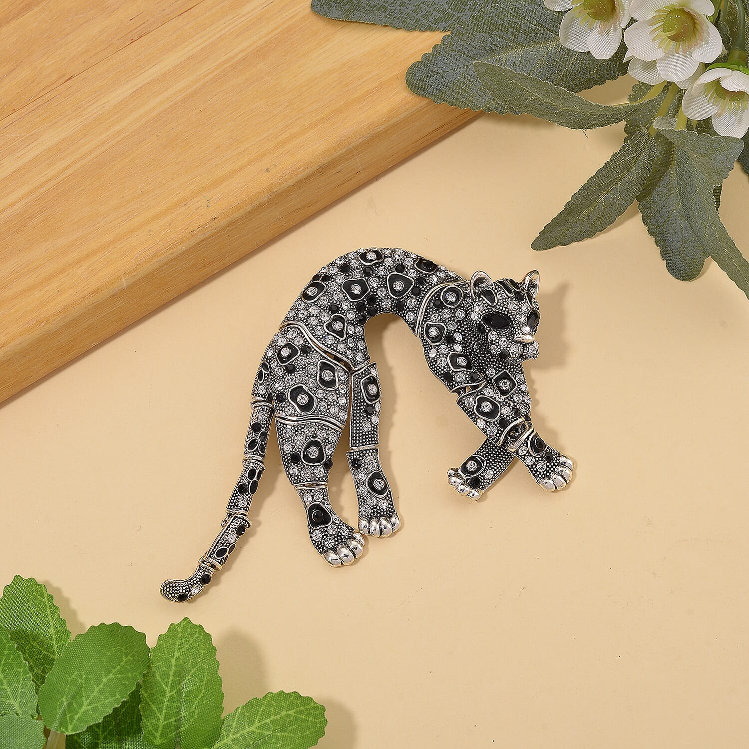 Austrian Multi Colour Crystal & Austrian Black Crystal Leopard Brooch Cum Pendant