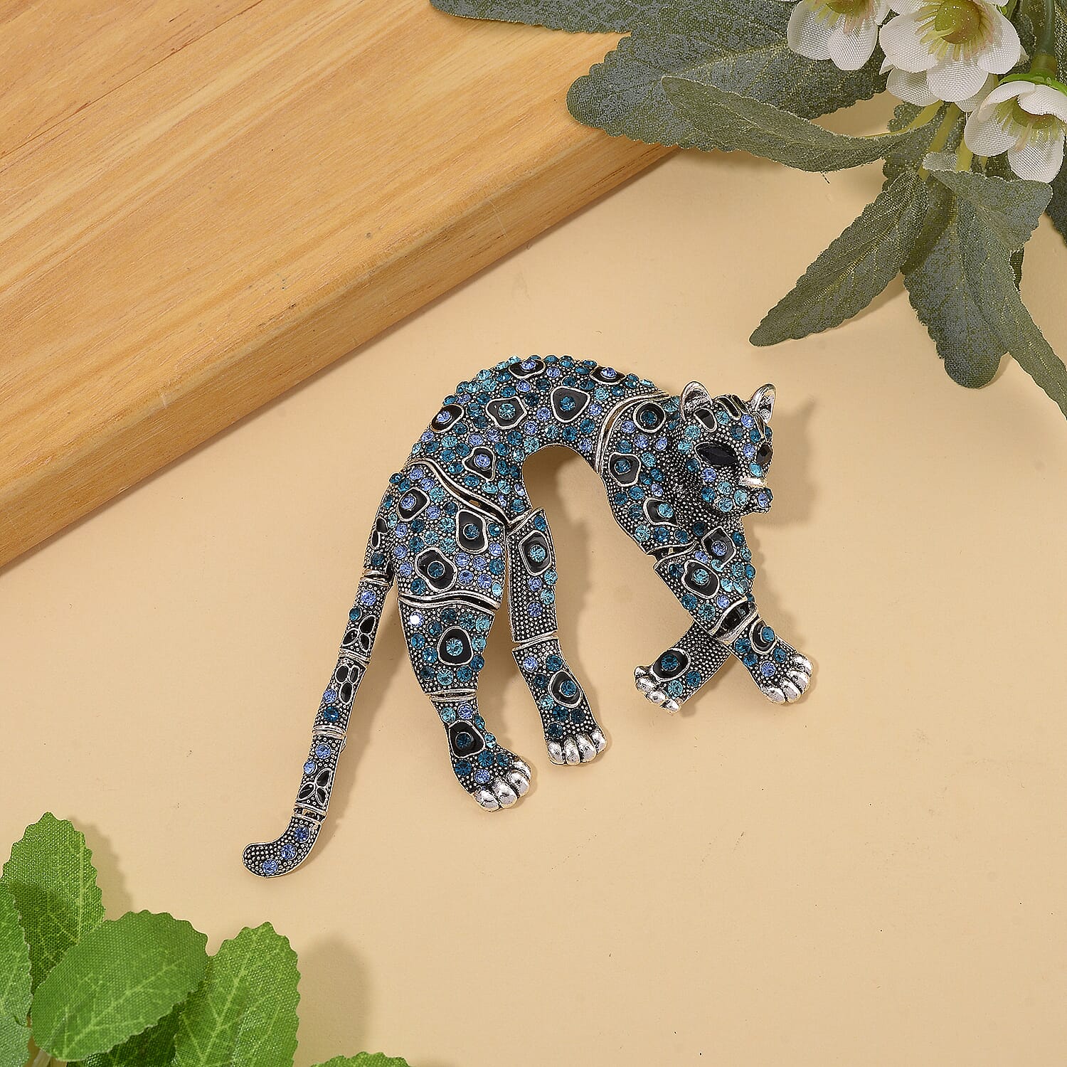 Austrian Blue Crystal & Austrian Black Crystal Leopard Brooch Cum Pendant