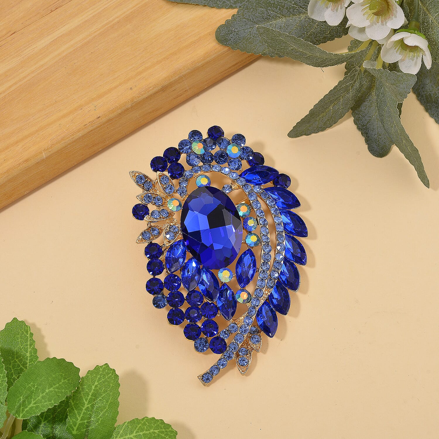 Austrian Blue Crystal & Blue Magic Colour Crystal Brooch Cum Pendant in Gold Tone