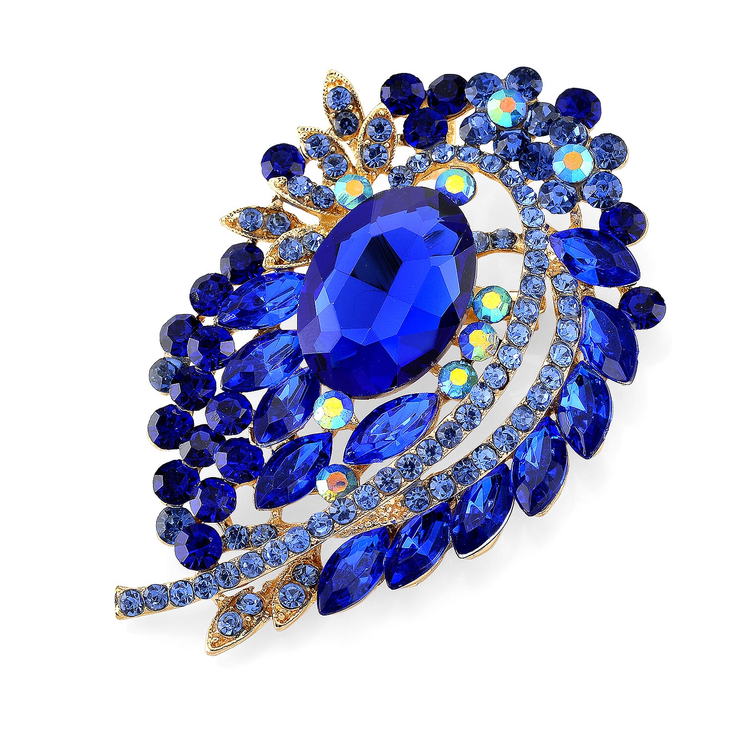 Austrian Blue Crystal & Blue Magic Colour Crystal Brooch Cum Pendant in Gold Tone