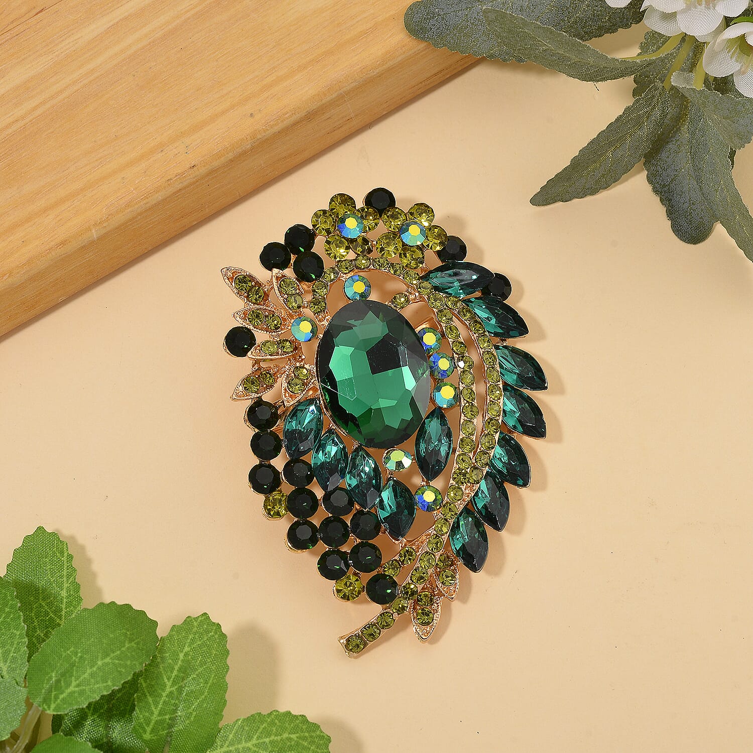 Austrian Green Crystal & Green Magic Colour Crystal Brooch Cum Pendant in Gold Tone